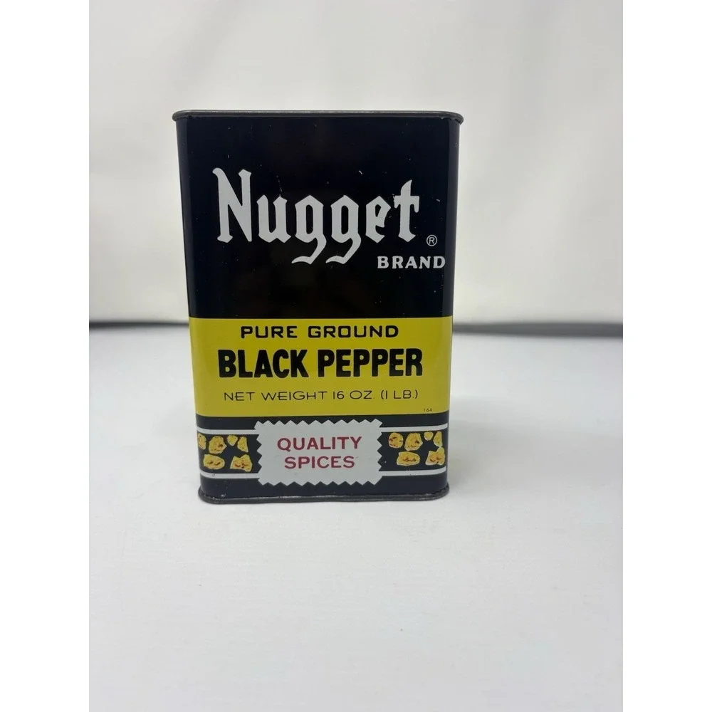 Vintage Nugget Brand Large Black Pepper Spice Tin Prospector Mule 1950s Rare CA